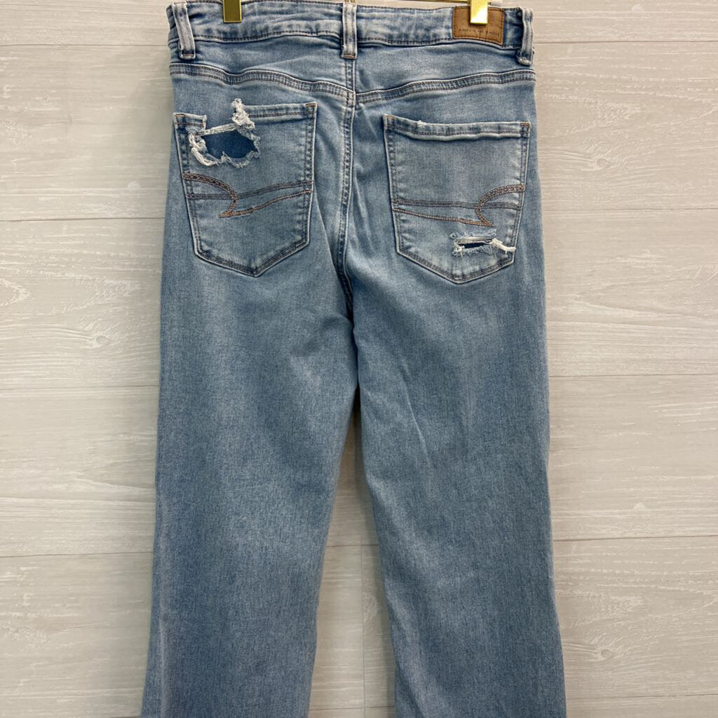 American Eagle Light Wash Distressed Super High Rise Flare Jeans 8