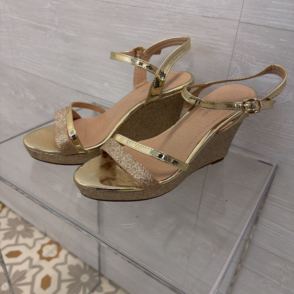 Gold Sparkle Strappy Wedge Heels 8