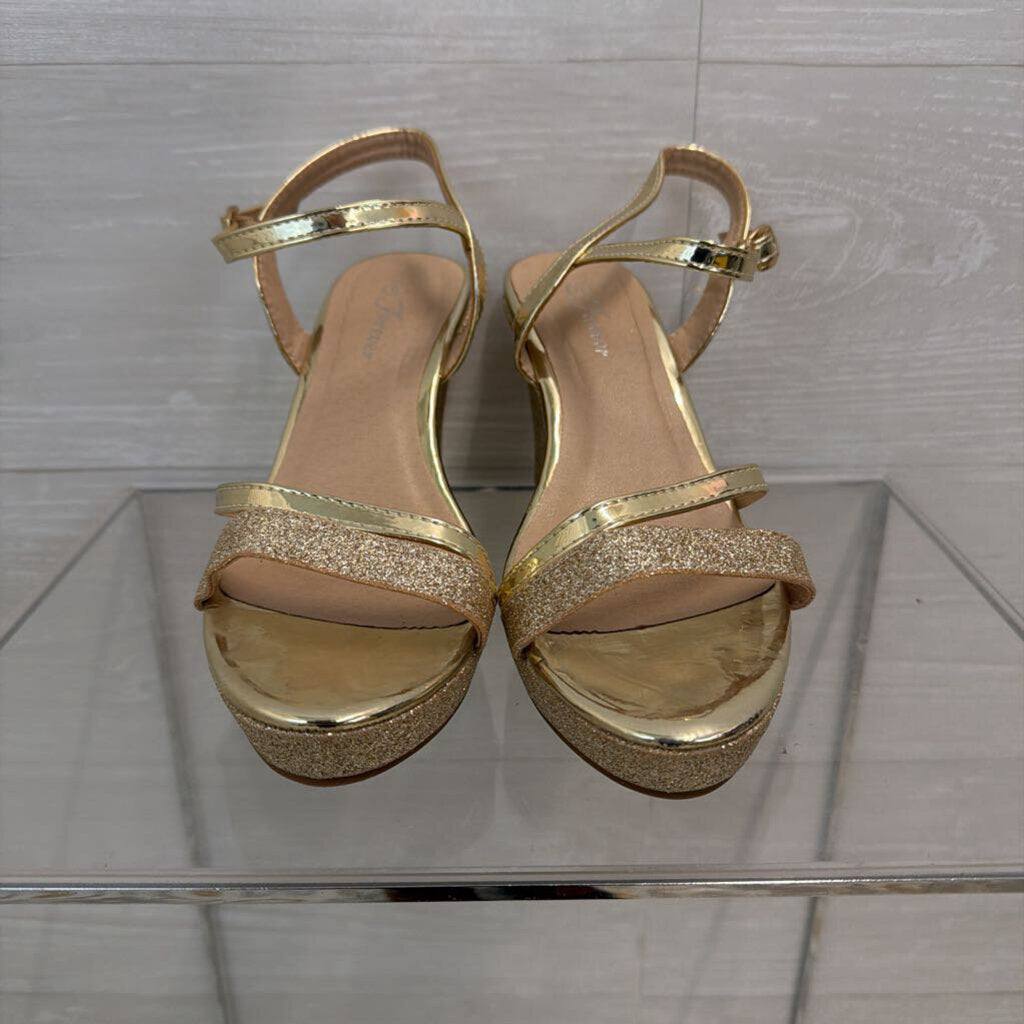 Gold Sparkle Strappy Wedge Heels 8