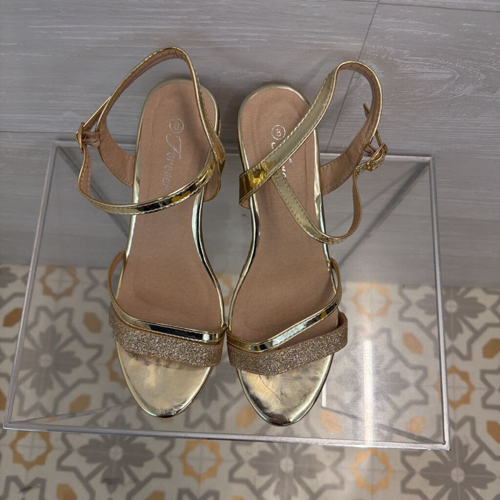Gold Sparkle Strappy Wedge Heels 8