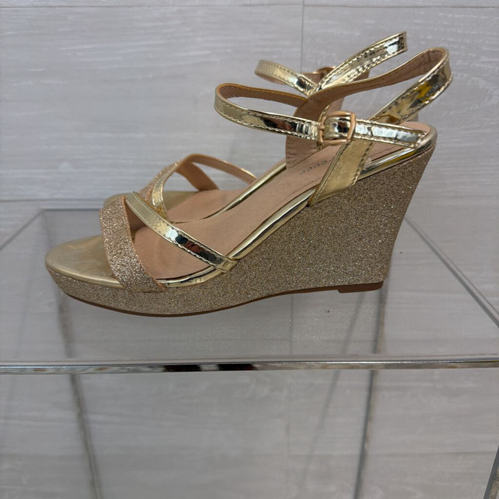 Gold Sparkle Strappy Wedge Heels 8