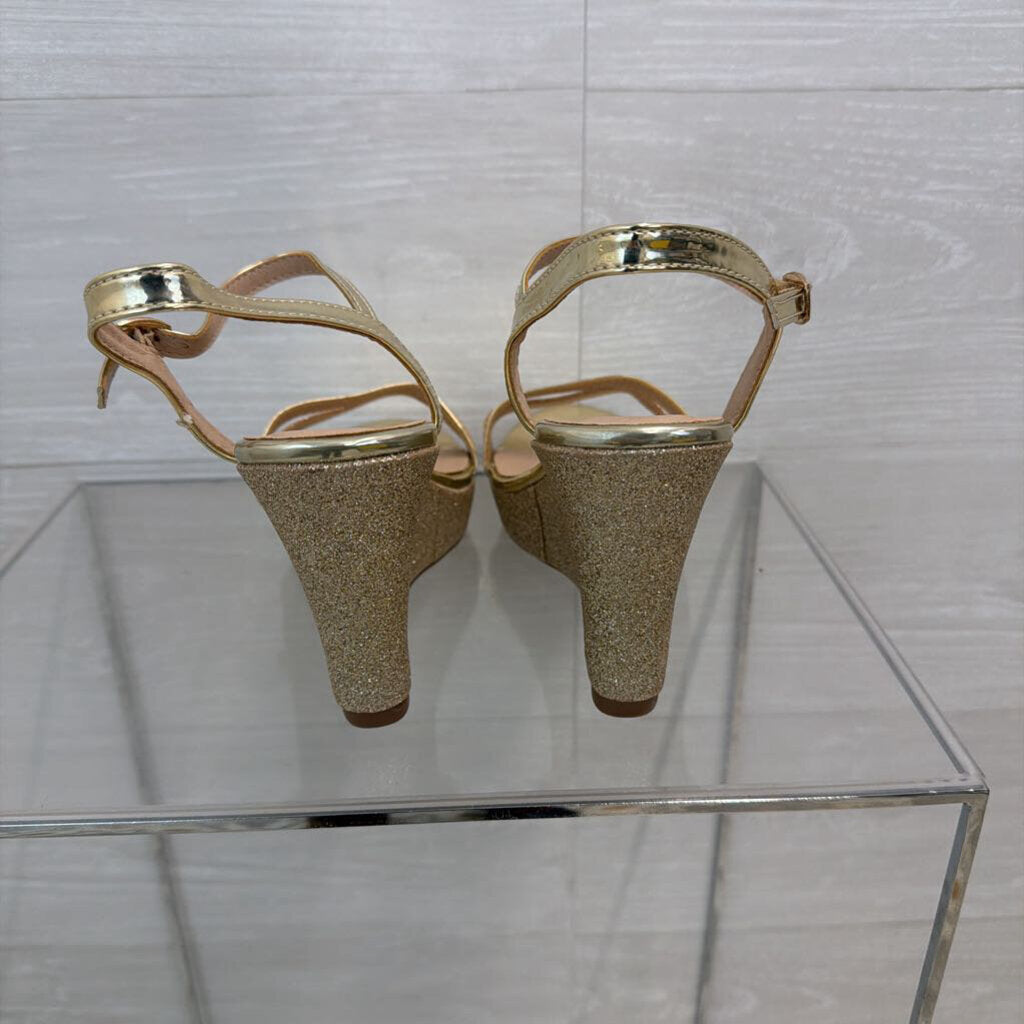 Gold Sparkle Strappy Wedge Heels 8