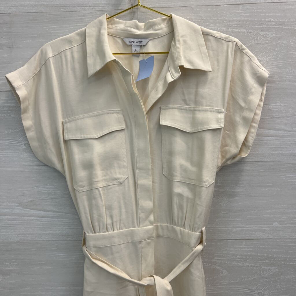 Nine West Cream Short Sleeve Tie Waist Jumpsuit Large