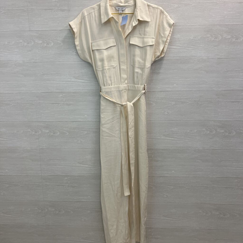 Nine West Cream Short Sleeve Tie Waist Jumpsuit Large