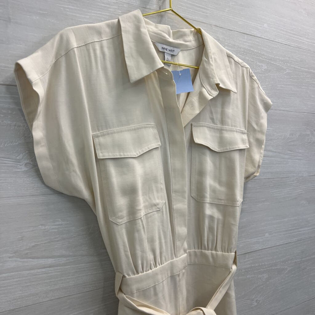 Nine West Cream Short Sleeve Tie Waist Jumpsuit Large