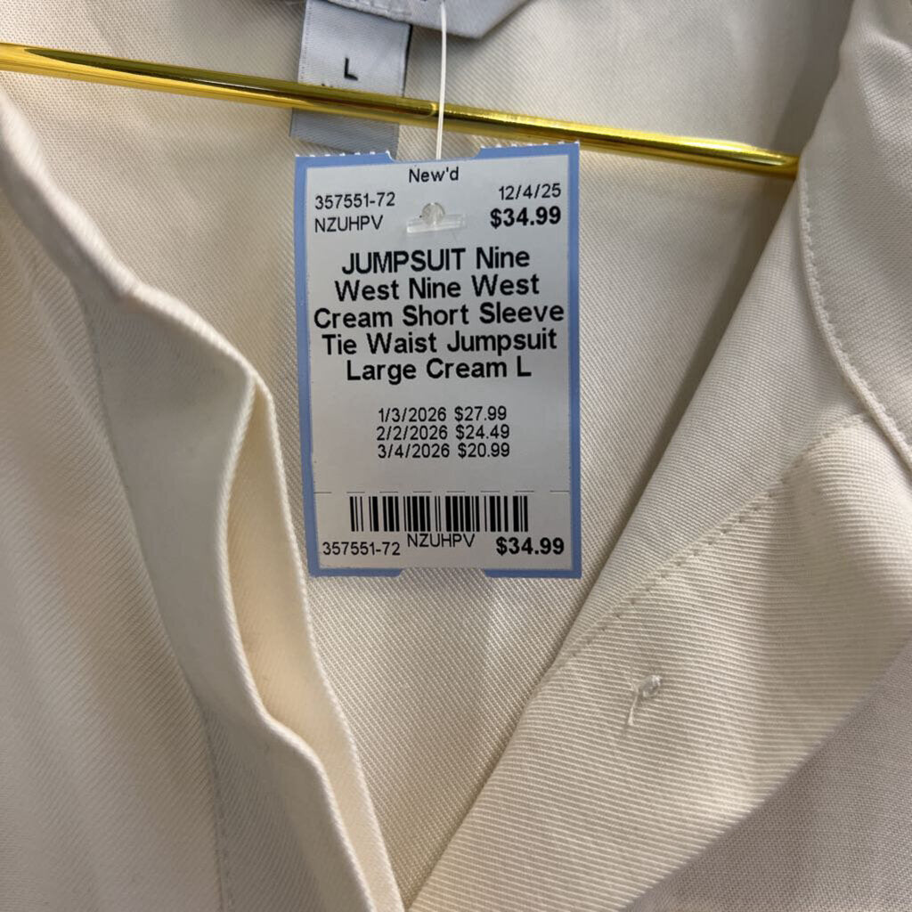Nine West Cream Short Sleeve Tie Waist Jumpsuit Large