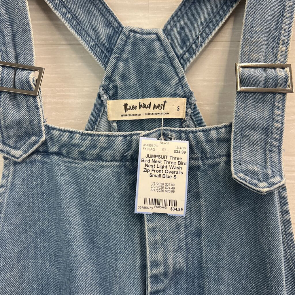Three Bird Nest Light Wash Zip Front Overalls Small