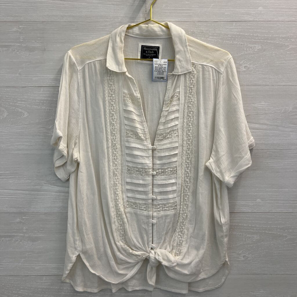 Abercrombie and Fitch White Lace Detail Button Tie Front Short Sleeve Top Large