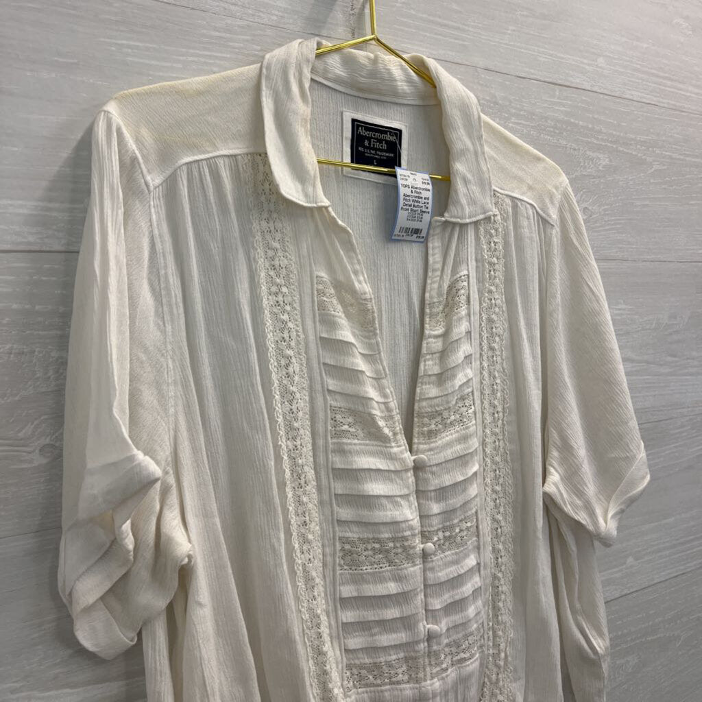 Abercrombie and Fitch White Lace Detail Button Tie Front Short Sleeve Top Large
