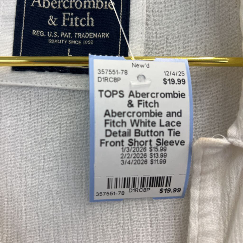 Abercrombie and Fitch White Lace Detail Button Tie Front Short Sleeve Top Large
