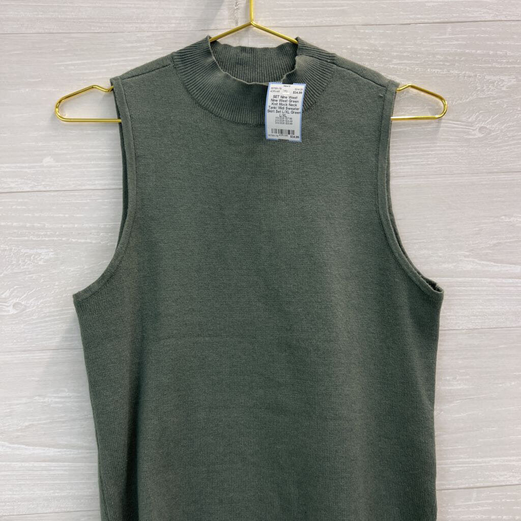 Nine West Green Knit Mock Neck Tank/ Midi Sweater Skirt Set L/XL