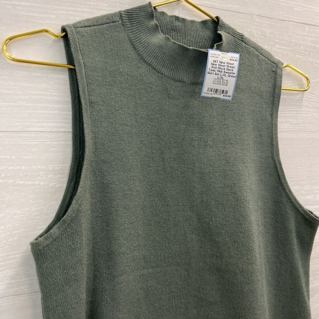 Nine West Green Knit Mock Neck Tank/ Midi Sweater Skirt Set L/XL