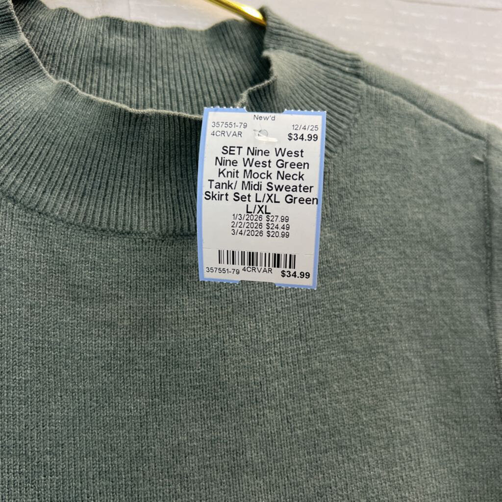 Nine West Green Knit Mock Neck Tank/ Midi Sweater Skirt Set L/XL