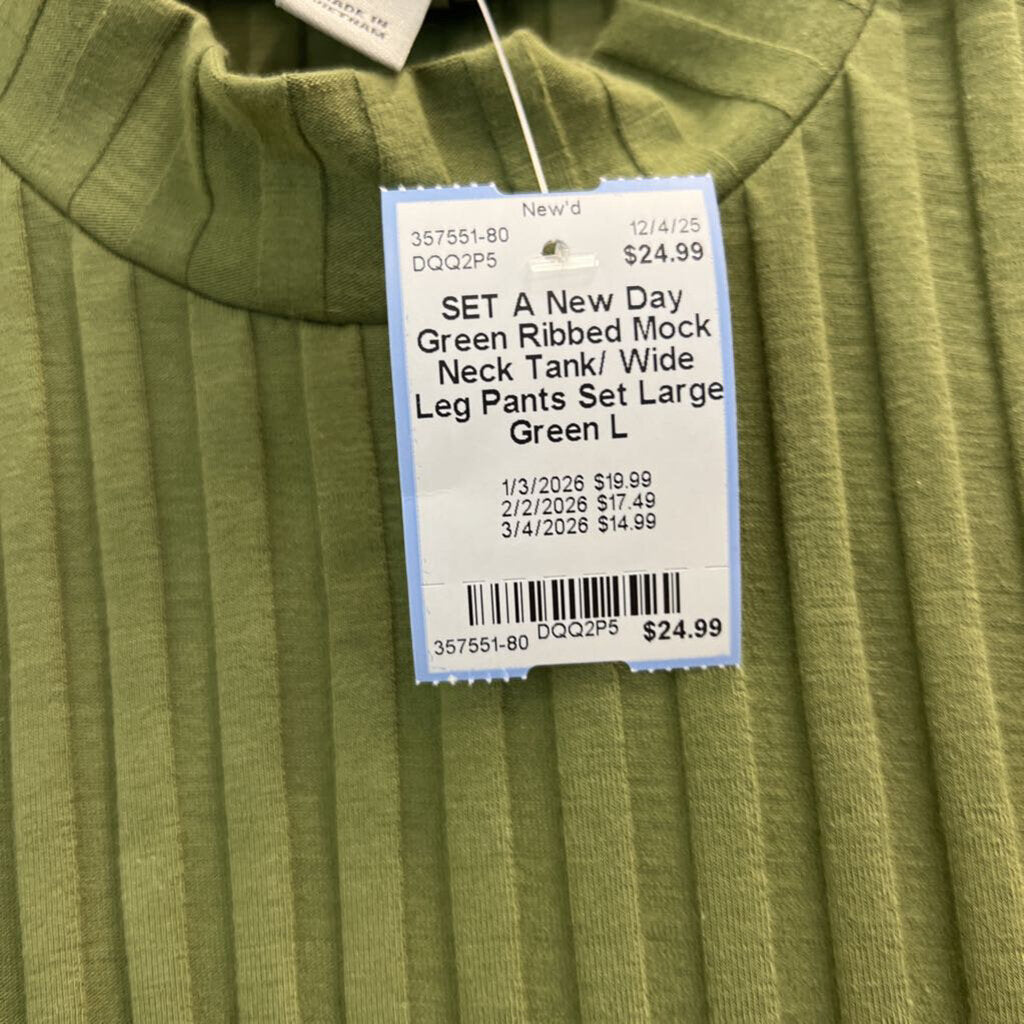 Green Ribbed Mock Neck Tank/ Wide Leg Pants Set Large