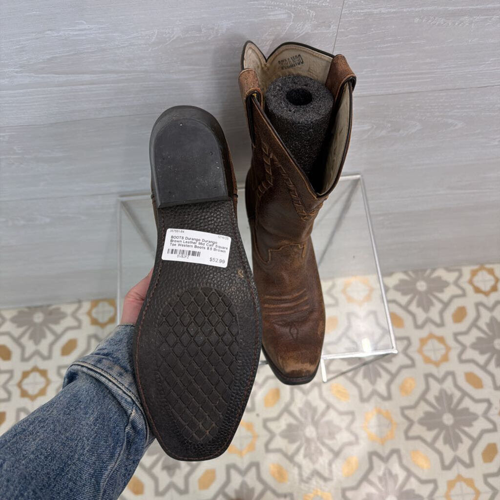 Durango Brown Leather Mid Calf Square Toe Western Boots 8.5