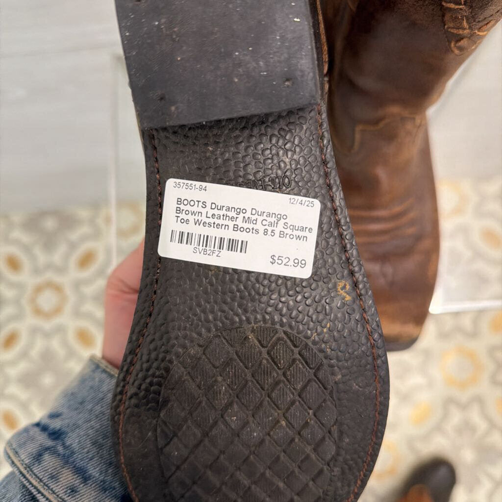 Durango Brown Leather Mid Calf Square Toe Western Boots 8.5