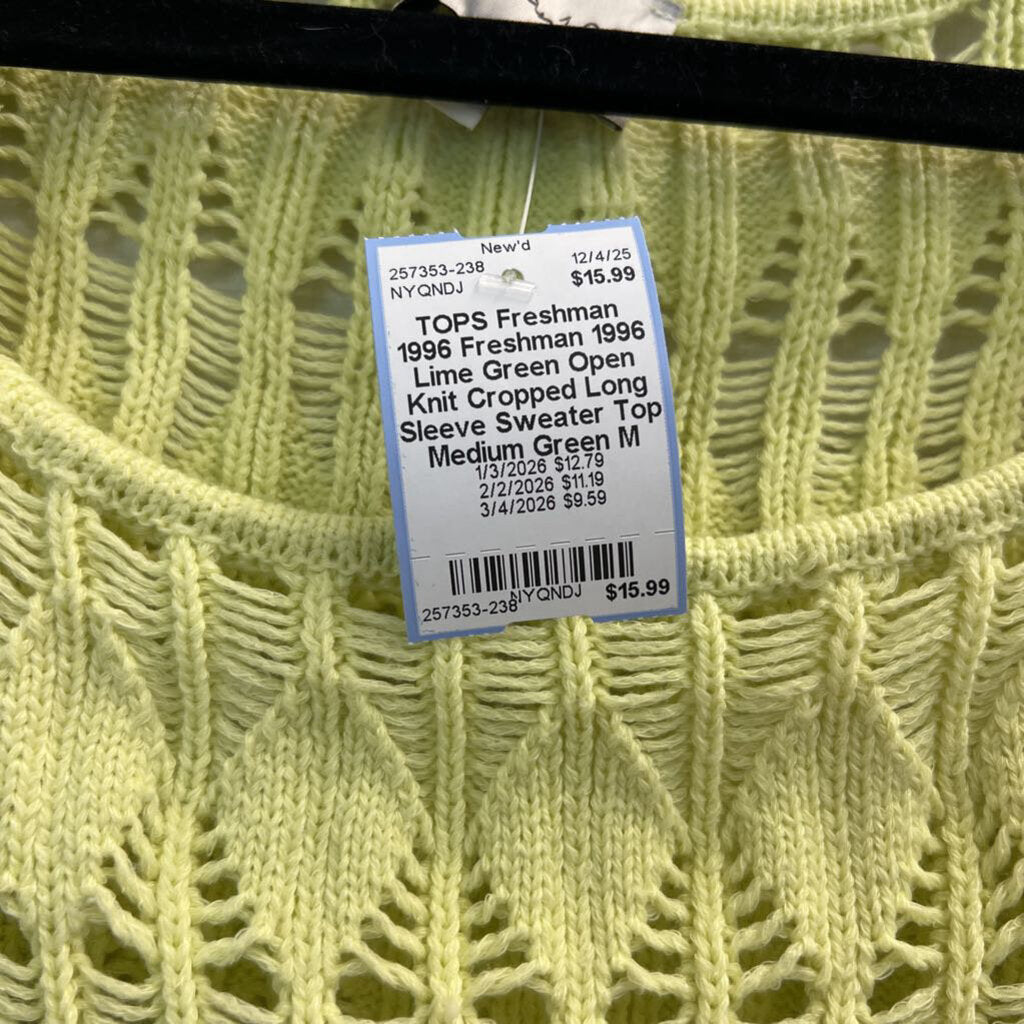 Freshman 1996 Lime Green Open Knit Cropped Long Sleeve Sweater Top Medium