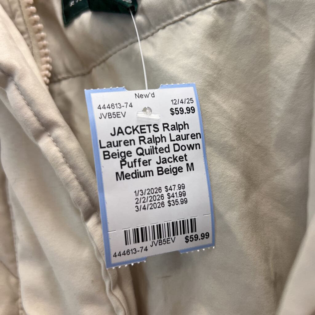 Ralph Lauren Beige Quilted Down Puffer Jacket Medium
