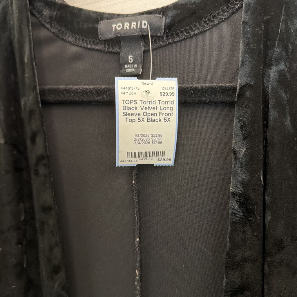 Torrid Black Velvet Long Sleeve Open Front Top 5X