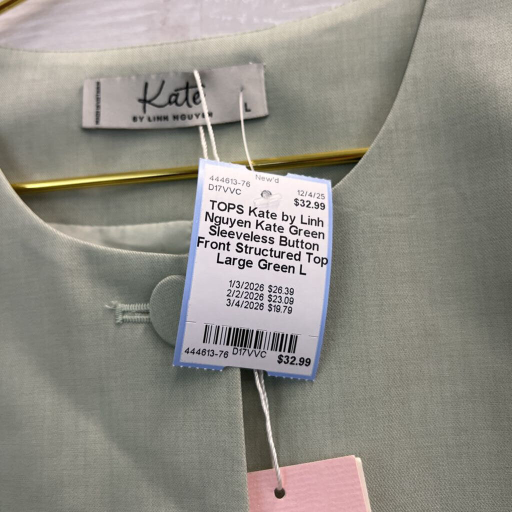 Kate Green Sleeveless Button Front Structured Top Large