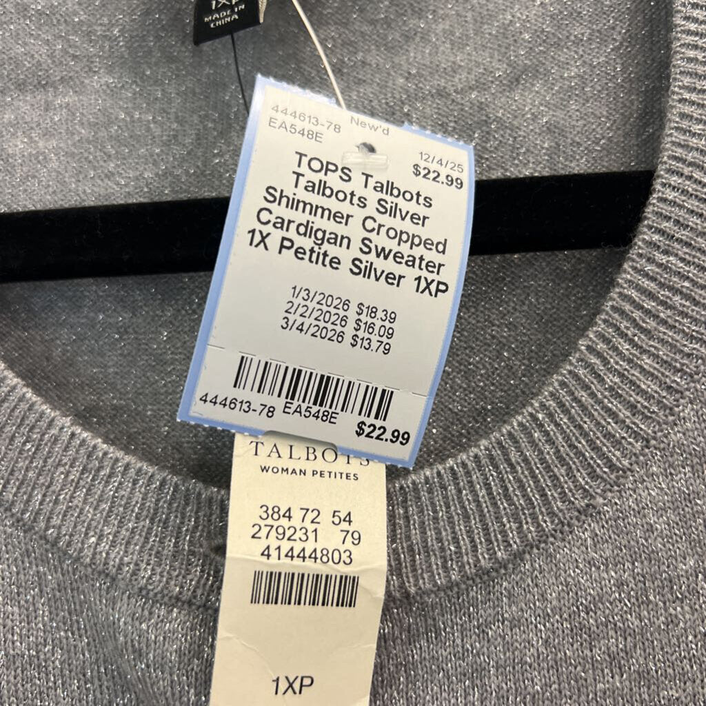 Talbots Silver Shimmer Cropped Cardigan Sweater 1X Petite