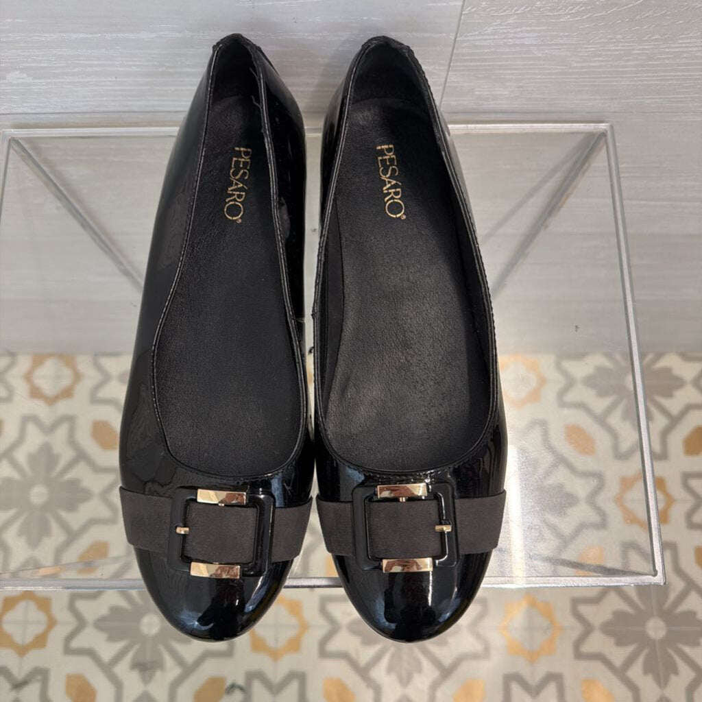Pesaro Black Patent Leather Buckle Ballet Flats 9.5