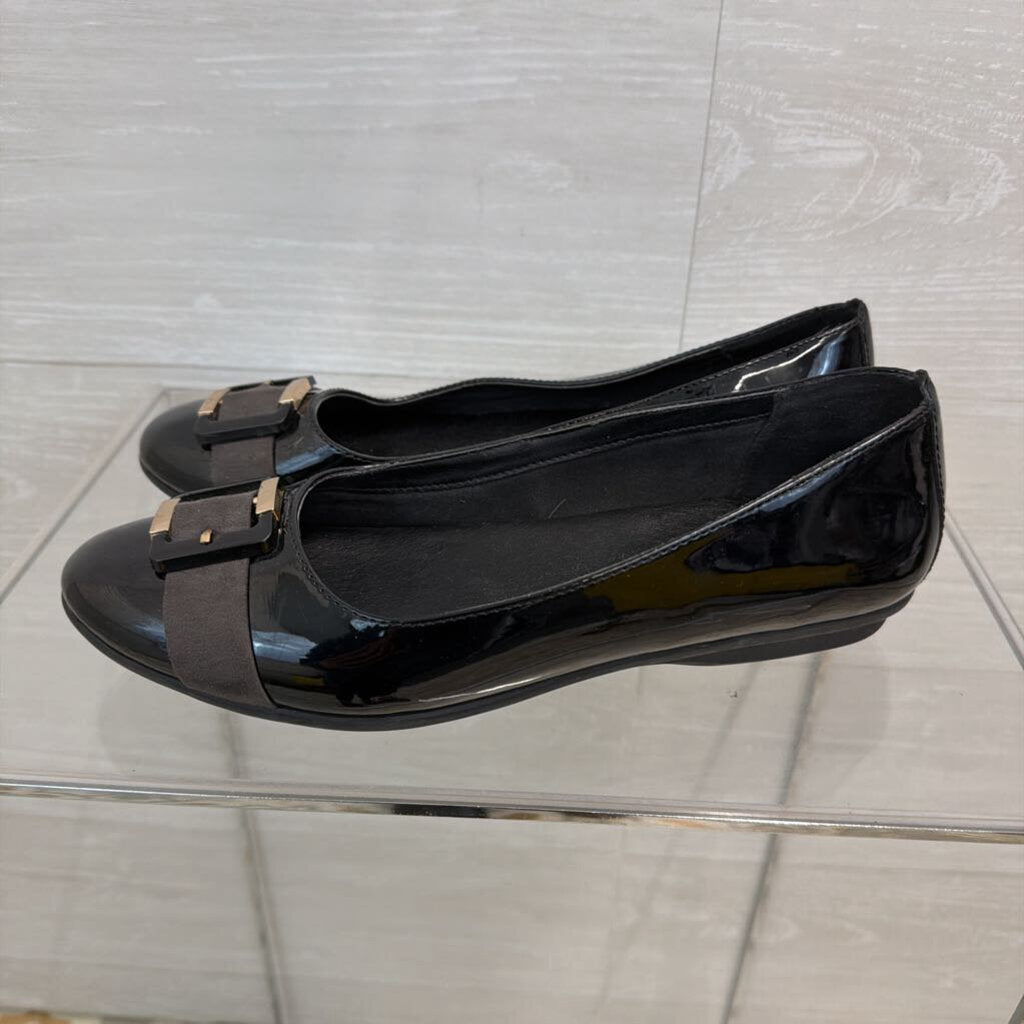 Pesaro Black Patent Leather Buckle Ballet Flats 9.5