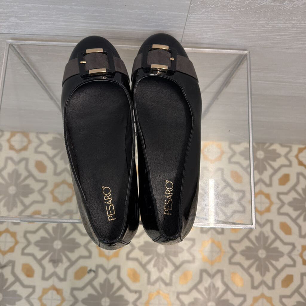 Pesaro Black Patent Leather Buckle Ballet Flats 9.5