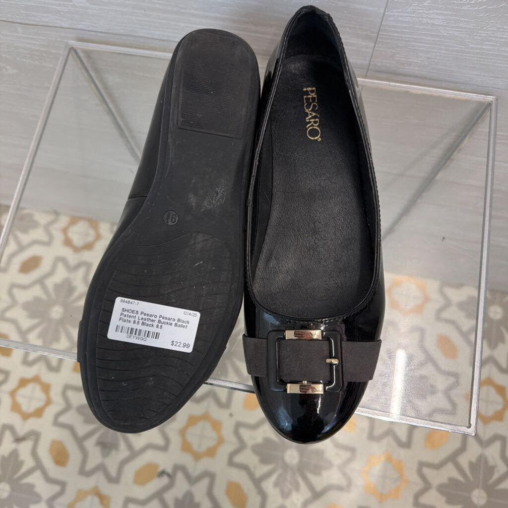 Pesaro Black Patent Leather Buckle Ballet Flats 9.5