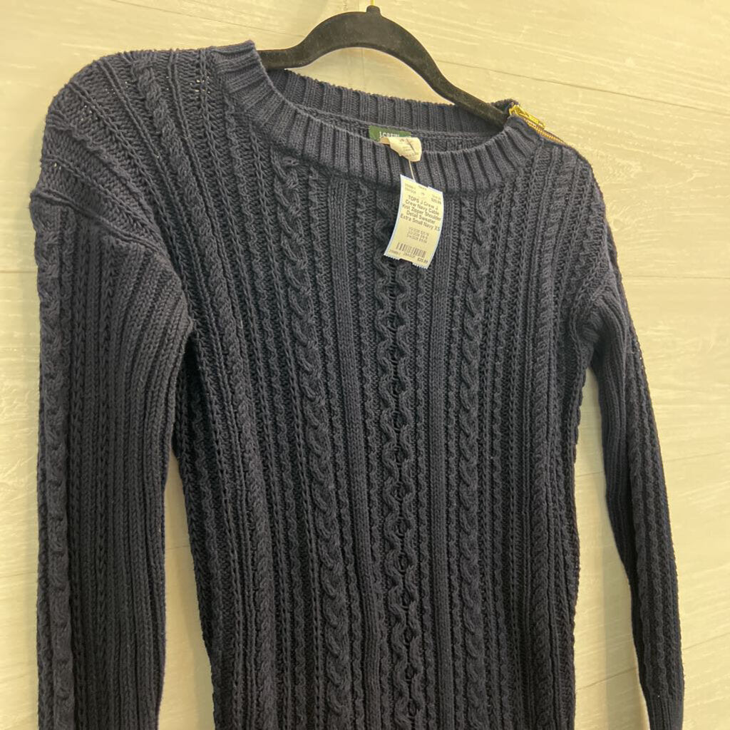 J Crew Navy Cable Knit Zipper Shoulder Detail Sweater Extra Small
