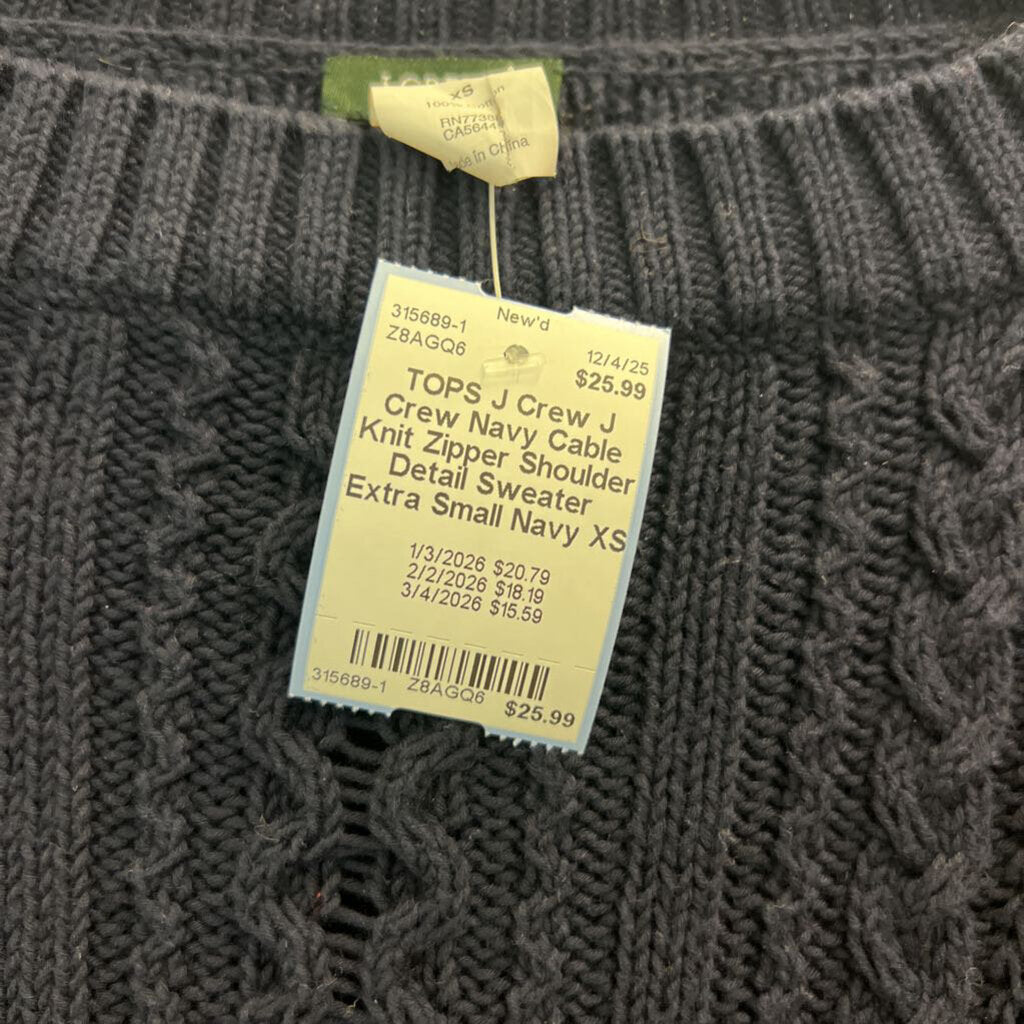 J Crew Navy Cable Knit Zipper Shoulder Detail Sweater Extra Small