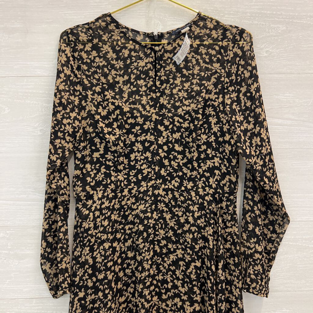 Tommy Hilfiger Black/ Brown Floral Print Long Sleeve Midi Dress 10