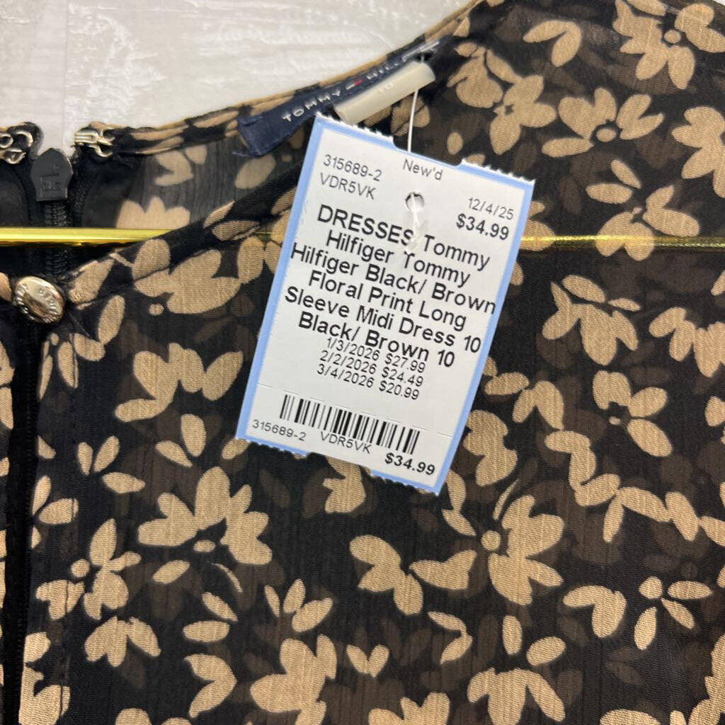 Tommy Hilfiger Black/ Brown Floral Print Long Sleeve Midi Dress 10
