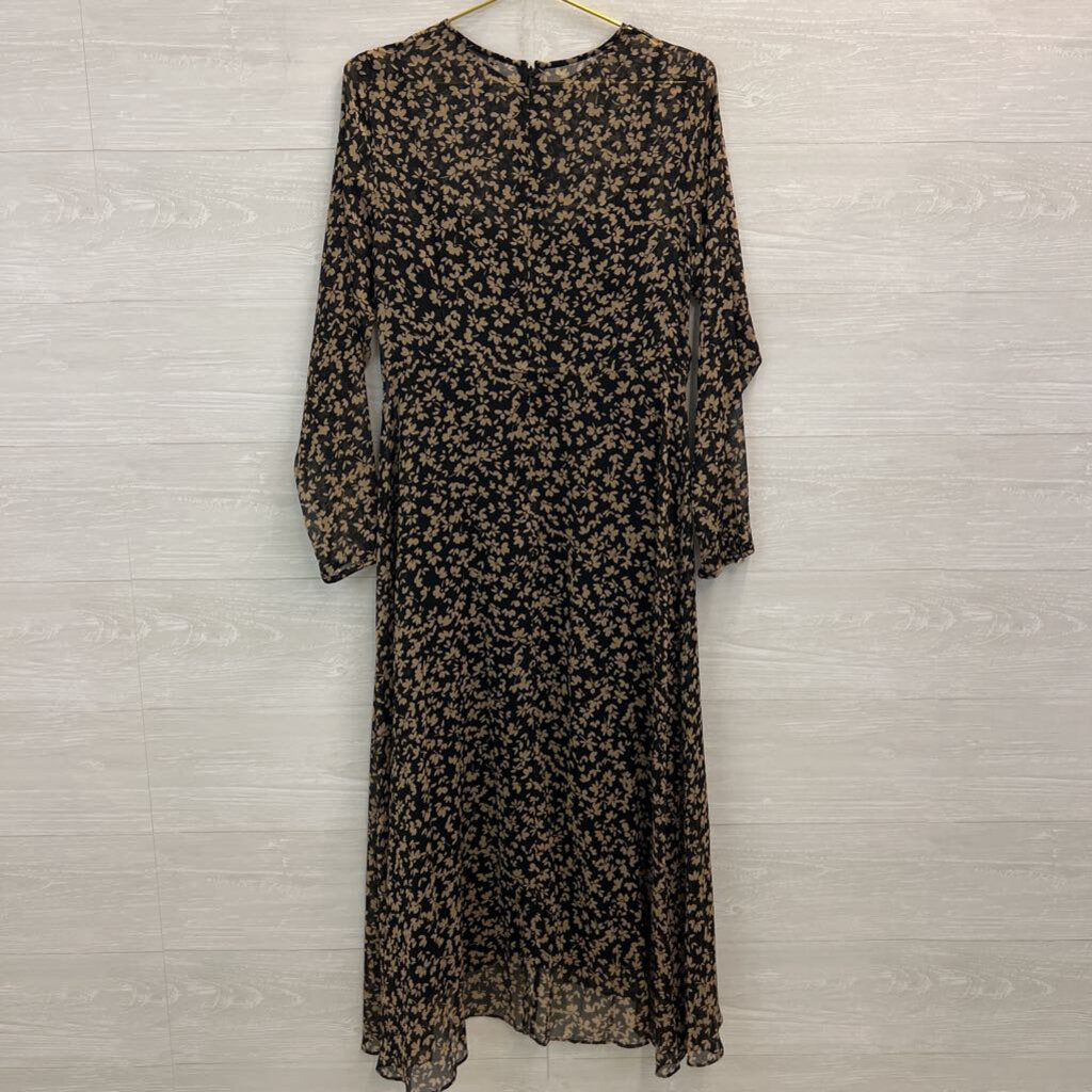Tommy Hilfiger Black/ Brown Floral Print Long Sleeve Midi Dress 10