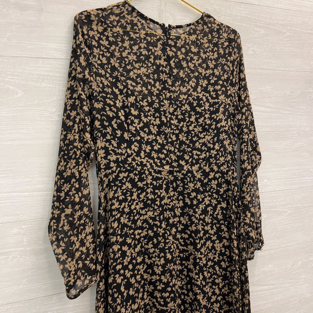 Tommy Hilfiger Black/ Brown Floral Print Long Sleeve Midi Dress 10