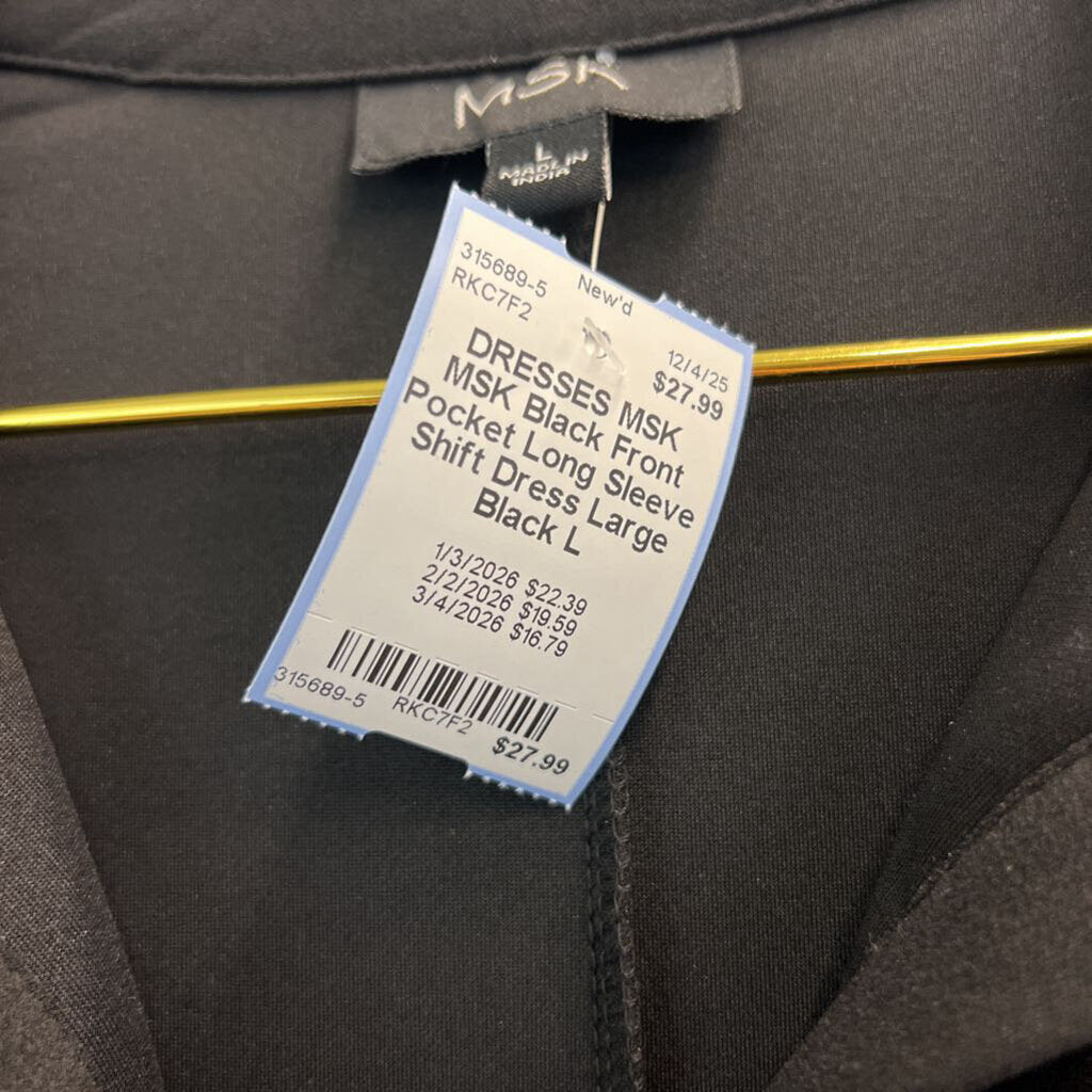 MSK Black Front Pocket Long Sleeve Shift Dress Large