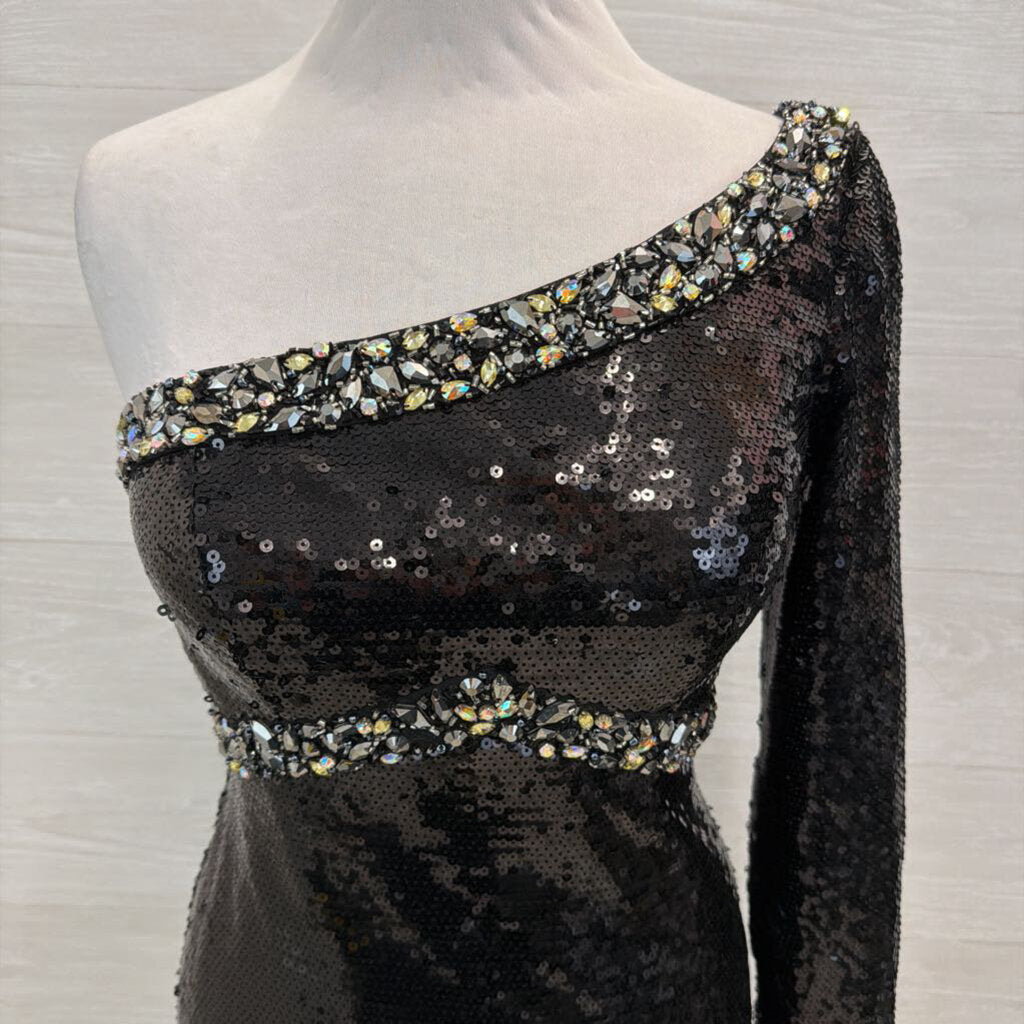 Mori Lee Black Sequin One Shoulder Long Sleeve Short Formal Dress 7/8