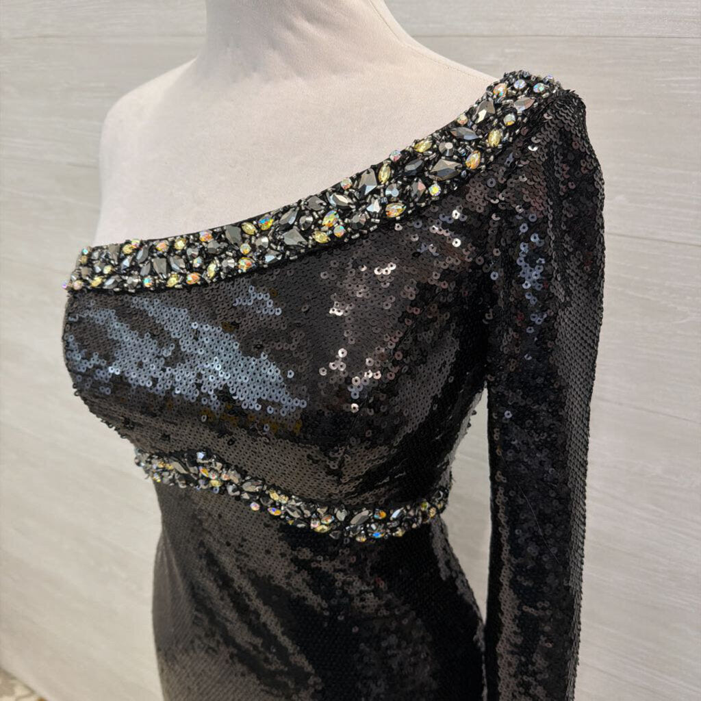 Mori Lee Black Sequin One Shoulder Long Sleeve Short Formal Dress 7/8