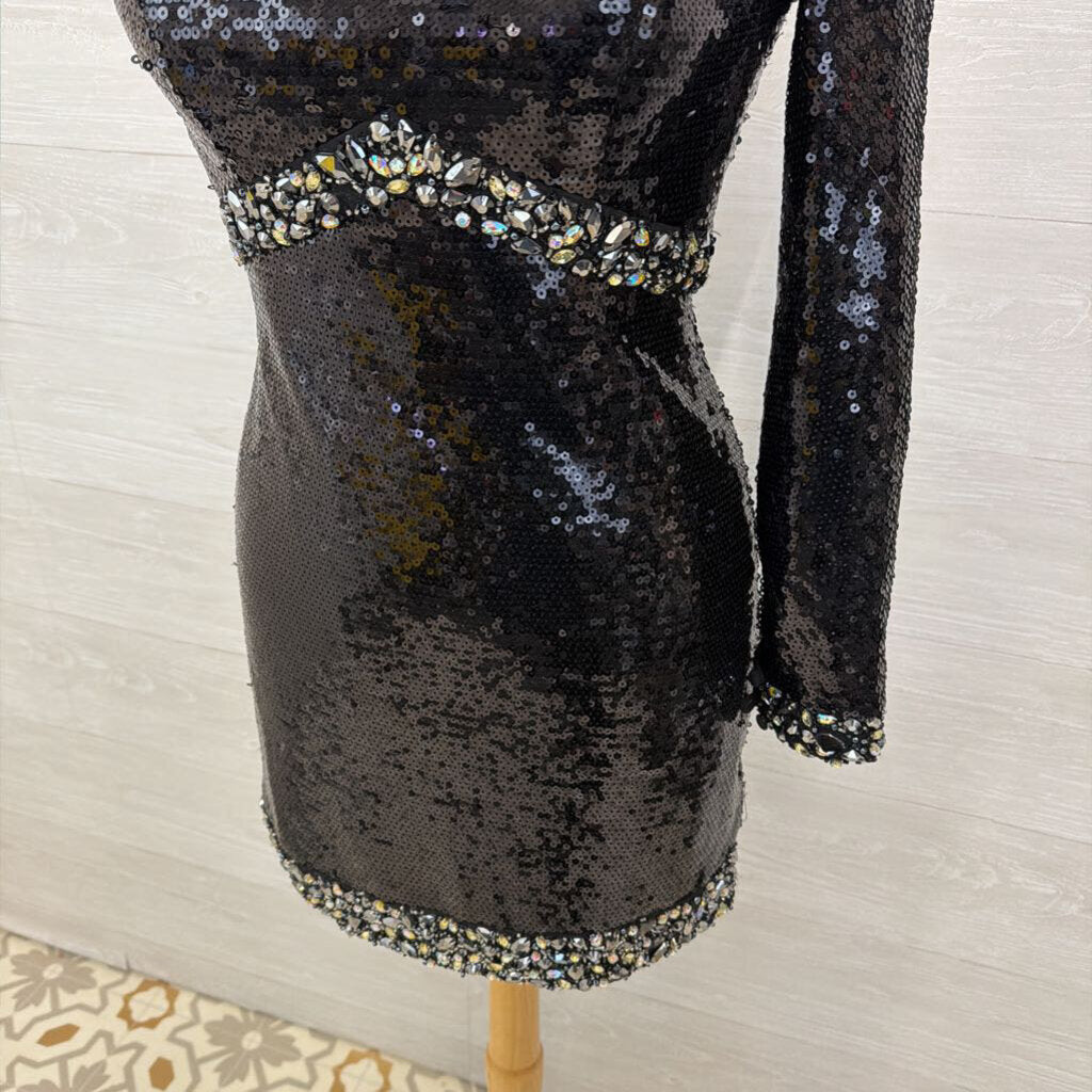 Mori Lee Black Sequin One Shoulder Long Sleeve Short Formal Dress 7/8