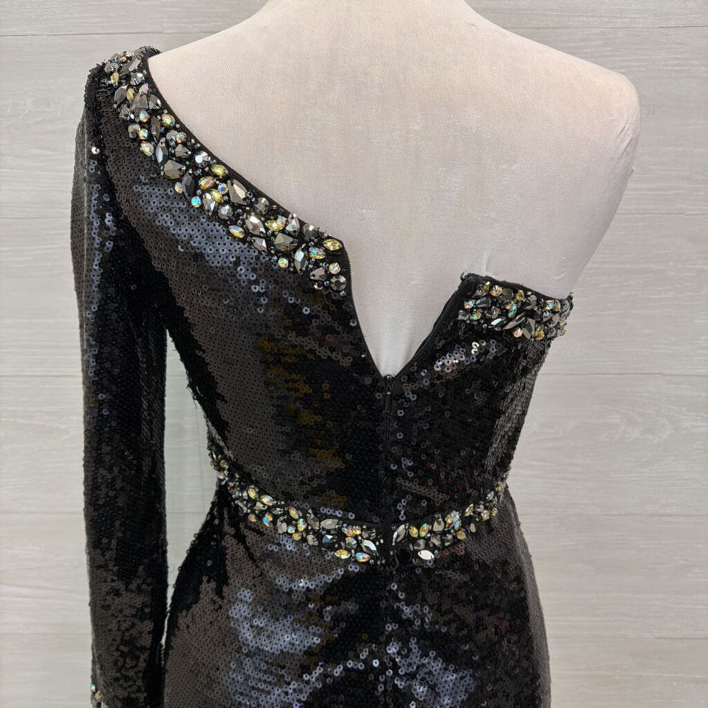 Mori Lee Black Sequin One Shoulder Long Sleeve Short Formal Dress 7/8