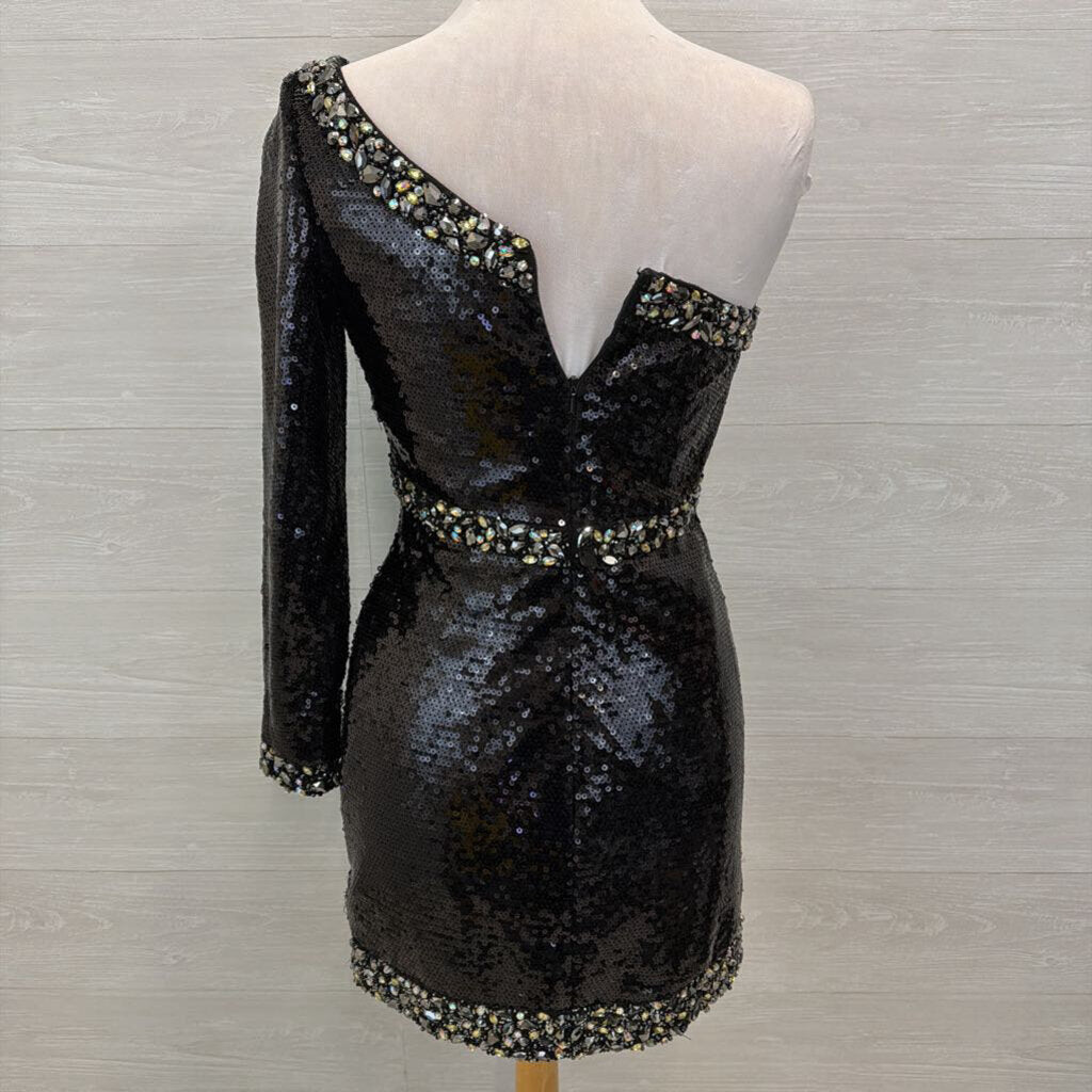 Mori Lee Black Sequin One Shoulder Long Sleeve Short Formal Dress 7/8