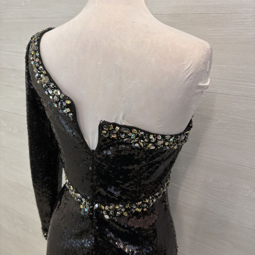 Mori Lee Black Sequin One Shoulder Long Sleeve Short Formal Dress 7/8