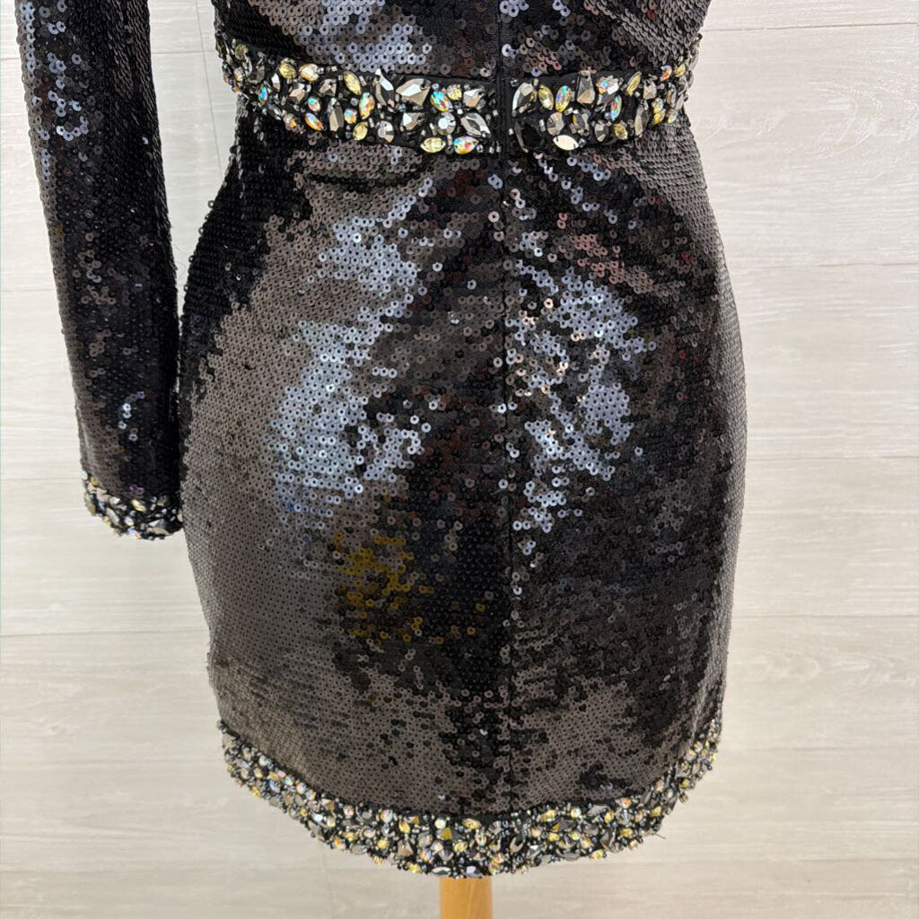 Mori Lee Black Sequin One Shoulder Long Sleeve Short Formal Dress 7/8