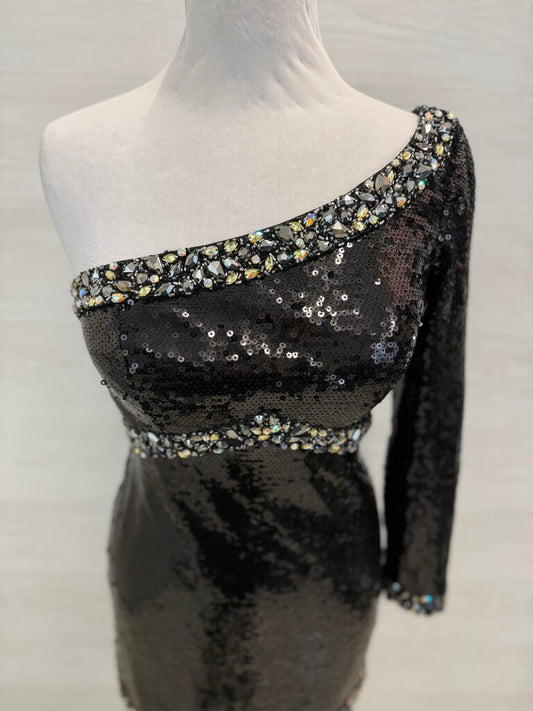 Mori Lee Black Sequin One Shoulder Long Sleeve Short Formal Dress 7/8
