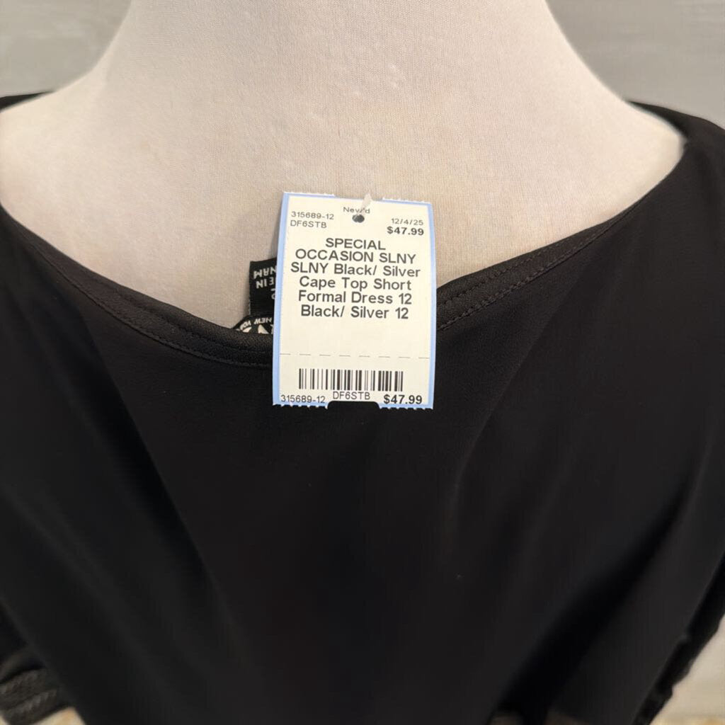 SLNY Black/ Silver Cape Top Short Formal Dress 12