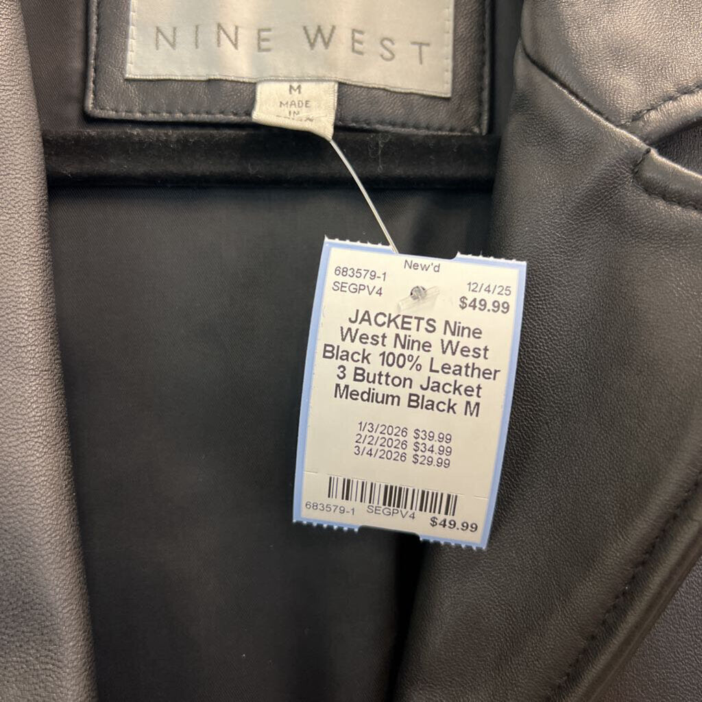 Nine West Black 100% Leather 3 Button Jacket Medium