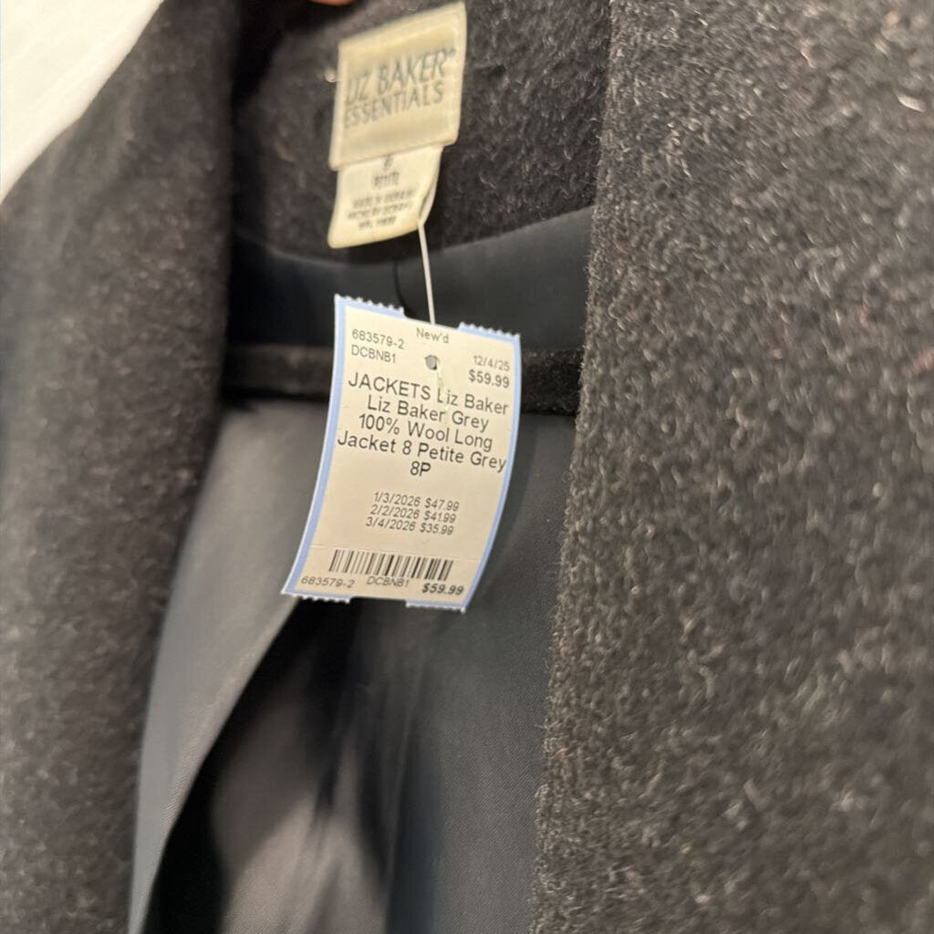 Liz Baker Grey 100% Wool Long Jacket 8 Petite
