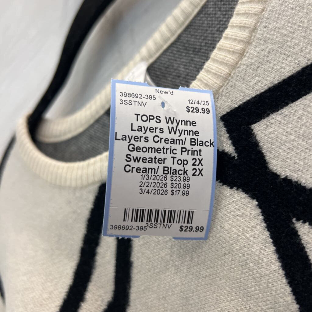 Wynne Layers Cream/ Black Geometric Print Sweater Top 2X