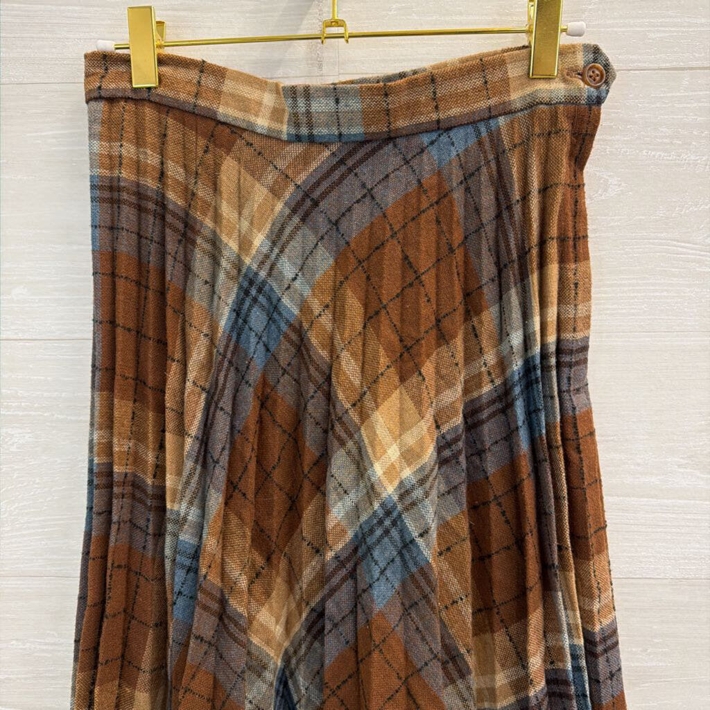 Vintage College Town Brown/ Blue Plaid Pleated Midi Skirt Small