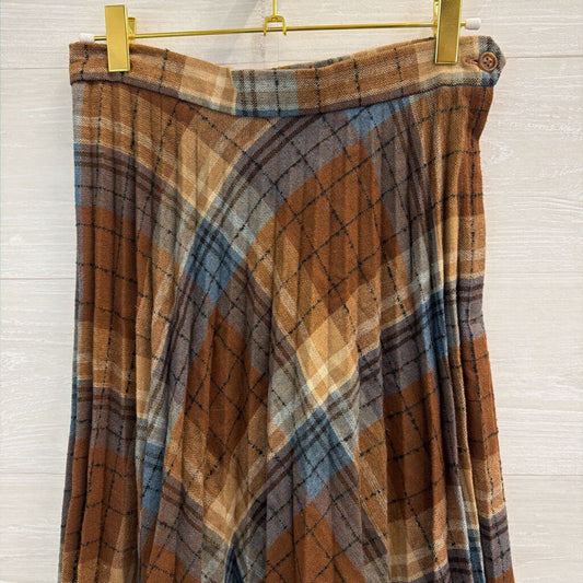Vintage College Town Brown/ Blue Plaid Pleated Midi Skirt Small
